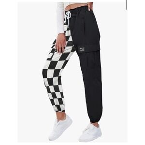 Sangtree Cargo Jogger Pants Elastic Waist Medium Checkered One Leg Drawstring